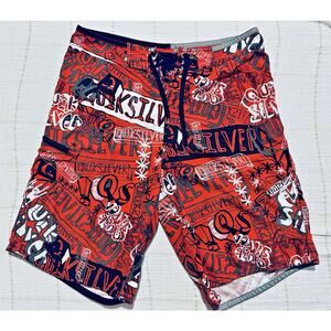 Quiksilver Red Graffiti Spellout Men's Sz 34 BoardShorts Surf Swim Trunks